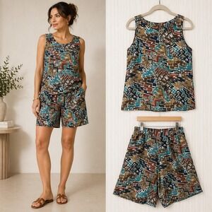 Vintage Silk Shorts Set Tank Stunt Collections Tribal Print 80s 90s Boho